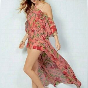 Gianni Bini Pink Floral Chiffon Blossom Off The Shoulder Maxi Halter Romper XS